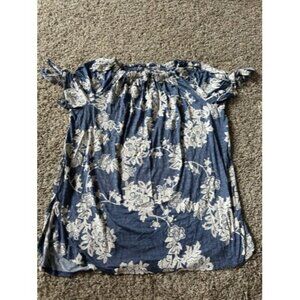 Per Seption Concept Blue White Floral Pull Over Womens Top Size Large Casual